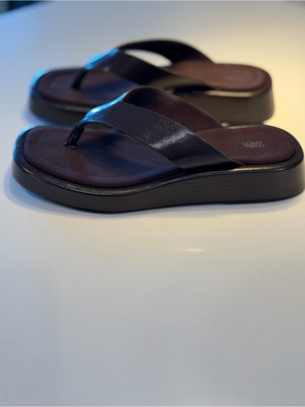 Zara Black Leather Thong Platform Sandals with Brown Footbed - Picture 1 of 4